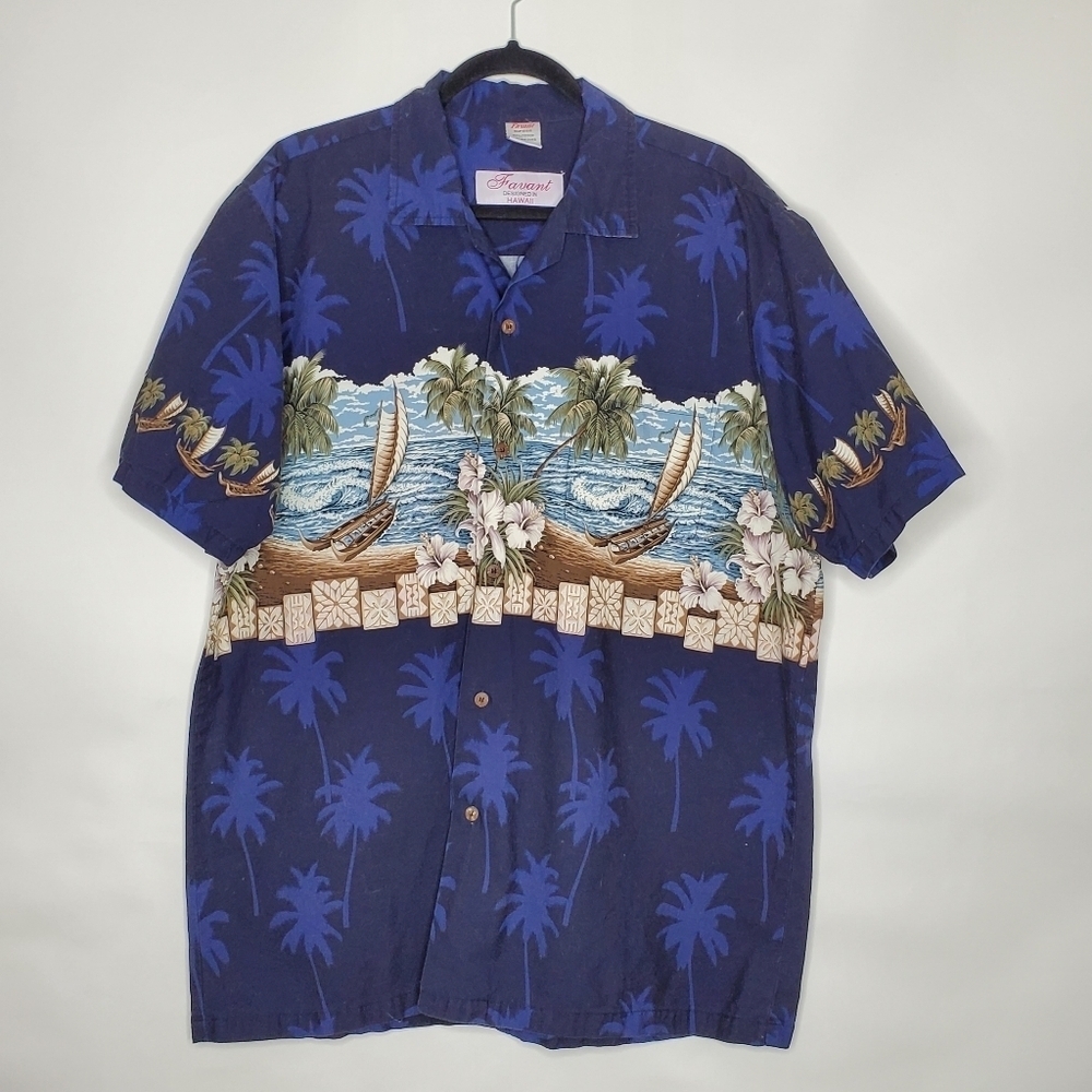 Men's Palm Trees Front Back Graphic Shirt XL Cotton Designed In Hawaii Button-up